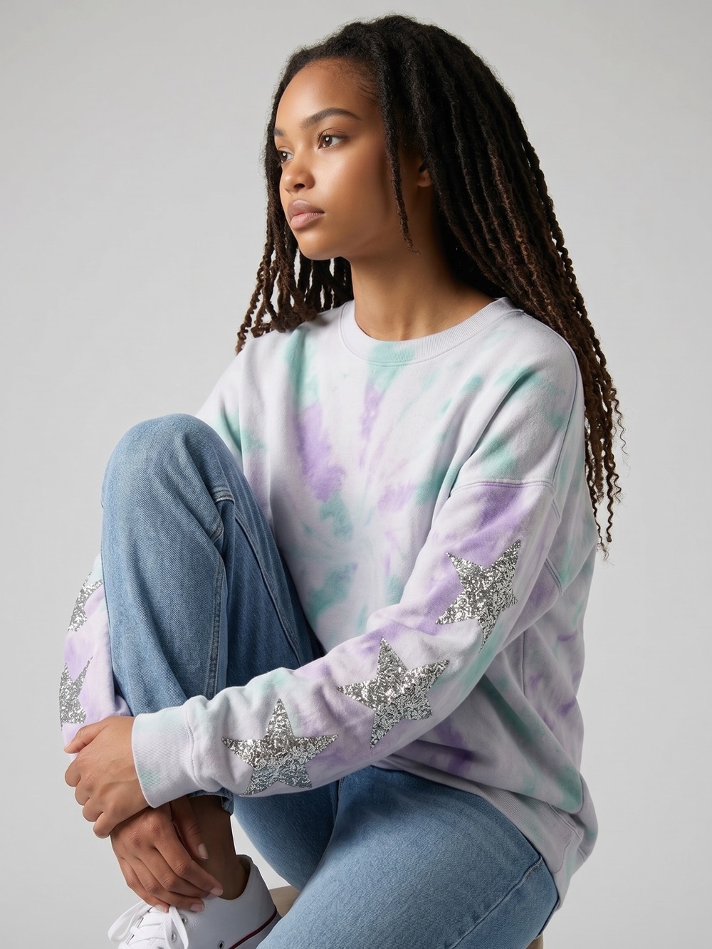 Carmar Pastel Spiral Tie-Dye Crewneck sweatshirt Silver Star Accents. Dopamine M